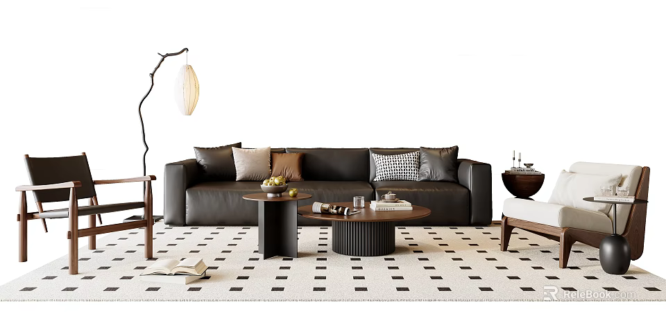 Black Leather Sofa With Multiple Cushions And Two Coffee Tables On Patterned Rug With Floor Lamp 3d model 