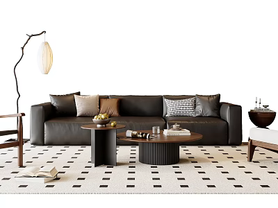 Black Leather Sofa With Multiple Cushions And Two Coffee Tables On Patterned Rug With Floor Lamp 3d model