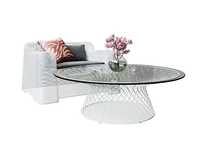 Round Glass Top Coffee Table with White Woven Base and Pink Flowers in Clear Vase 3d model