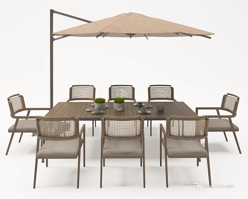 Outdoor Rattan Chairs With Wooden Dining Table And Beige Umbrella Set 3d model 