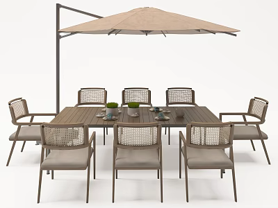 Outdoor Rattan Chairs With Wooden Dining Table And Beige Umbrella Set 3d model