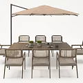 Outdoor Rattan Chairs With Wooden Dining Table And Beige Umbrella Set