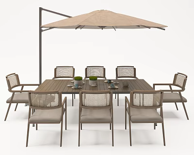 Outdoor Rattan Chairs With Wooden Dining Table And Beige Umbrella Set 3d model