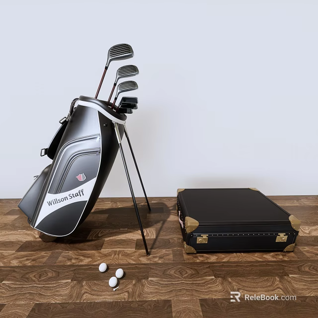 Golf Sports Equipment With Golf Bag Clubs Balls And Black Storage Case On Wooden Floor 3d model 