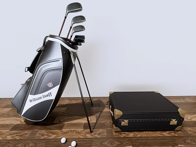 Golf Sports Equipment With Golf Bag Clubs Balls And Black Storage Case On Wooden Floor 3d model