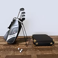 Golf Sports Equipment With Golf Bag Clubs Balls And Black Storage Case On Wooden Floor
