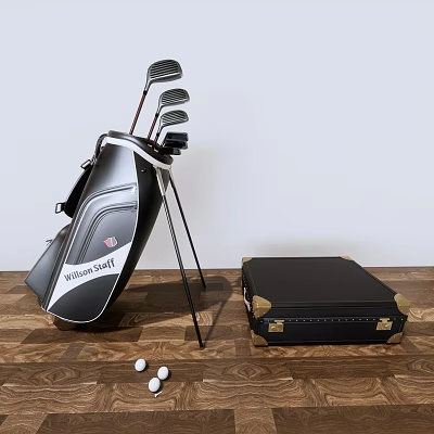Golf Sports Equipment With Golf Bag Clubs Balls And Black Storage Case On Wooden Floor 3d model