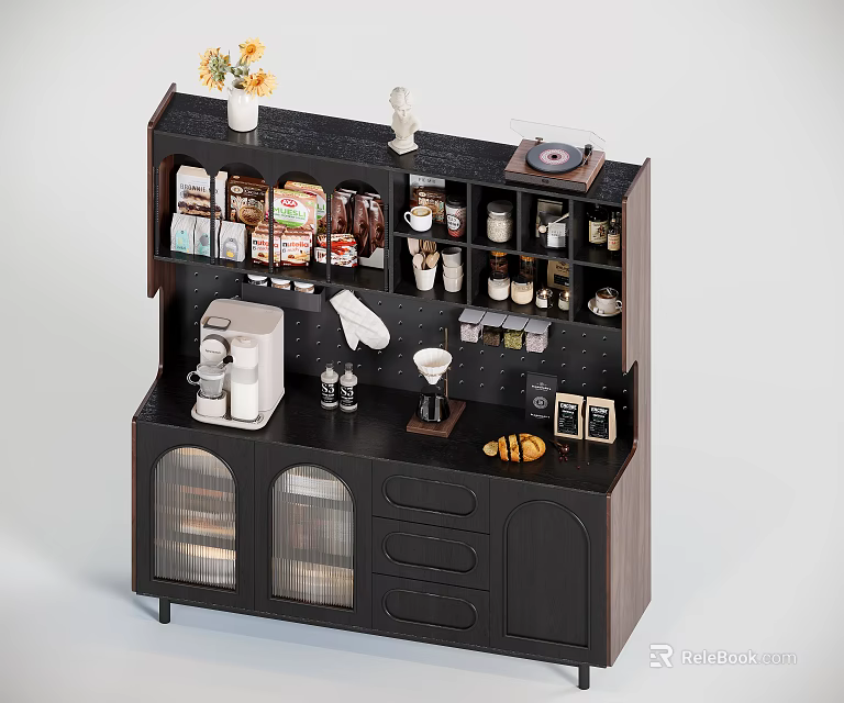 Modern Sideboard With Coffee Machine Mugs Spices Vinyl Record Vase Flowers And Glass Doors 3d model 