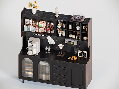 Modern Sideboard With Coffee Machine Mugs Spices Vinyl Record Vase Flowers And Glass Doors 3d model