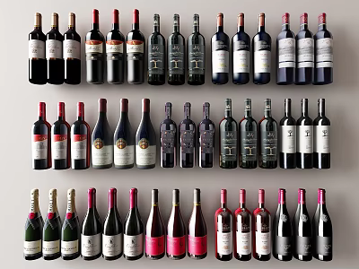 Various Wine Bottles Of Different Types Arranged Neatly On Display Shelf 3d model