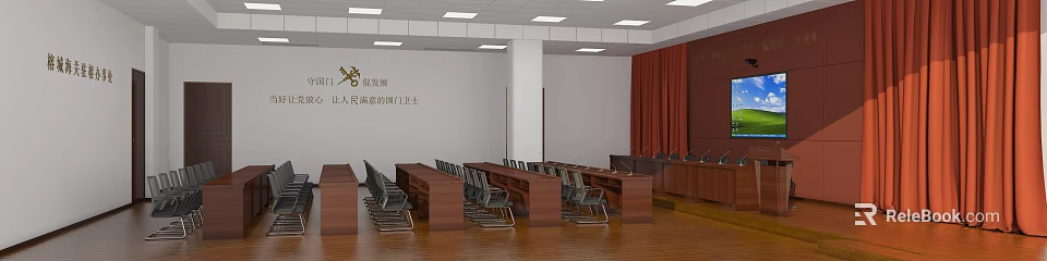 Well Lit Conference Room With Long Wooden Tables Gray Chairs And Wooden Flooring 3d model 