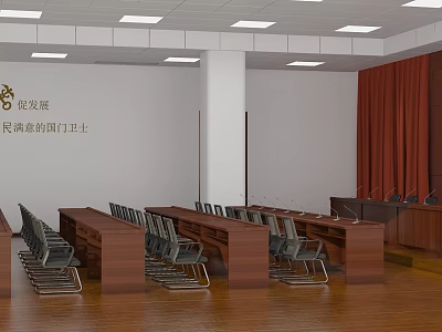 Well Lit Conference Room With Long Wooden Tables Gray Chairs And Wooden Flooring 3d model