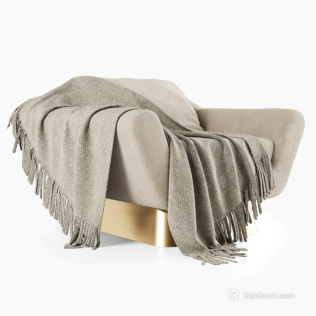 Beige Leisure Chair With Fringed Gray Blanket And Gold Base Design 3d model 