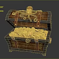 Vintage Wooden Treasure Chest Filled With Gold Coins And Octopus Decoration