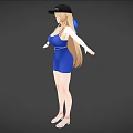 Woman In Blue Dress With Black Cap Long Blonde Hair And Arms Outstretched In Sandals