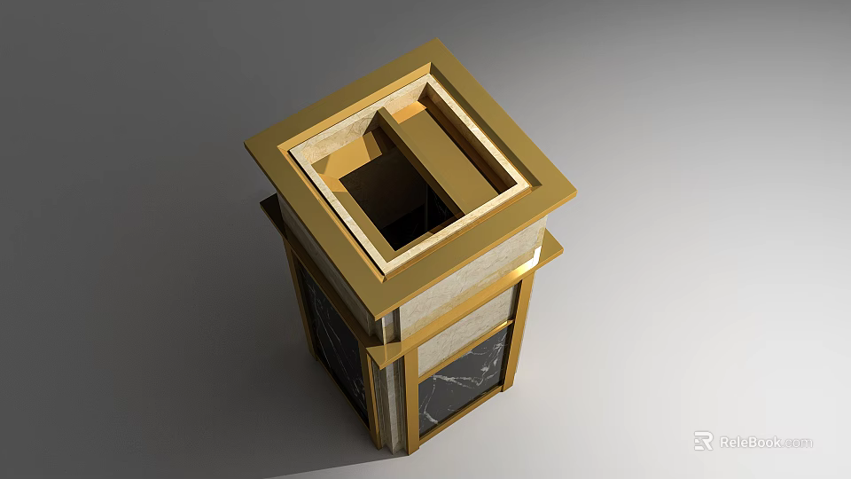Public Facility Square Trash Can With Golden Frame And Marble Panel Design 3d model 