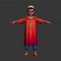 Man in Red Robe and White Cap with Arms Outstretched on Gray Background
