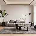 Modern Living Dining Room Interior With Grey Sofa Marble Coffee Table And Checkered Pillow