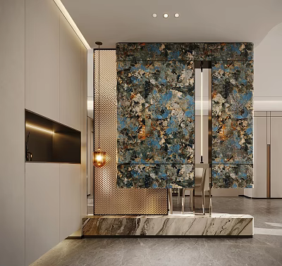 Modern Entryway Hallway Design With Decorative Painting Pendant Light And Marble Floor 3d model