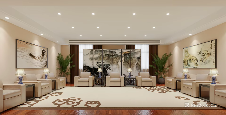 Hotel Public Lounge Interior With Elegant Landscape Screen Comfortable Sofas Potted Plants And Cloud Rug 3d model