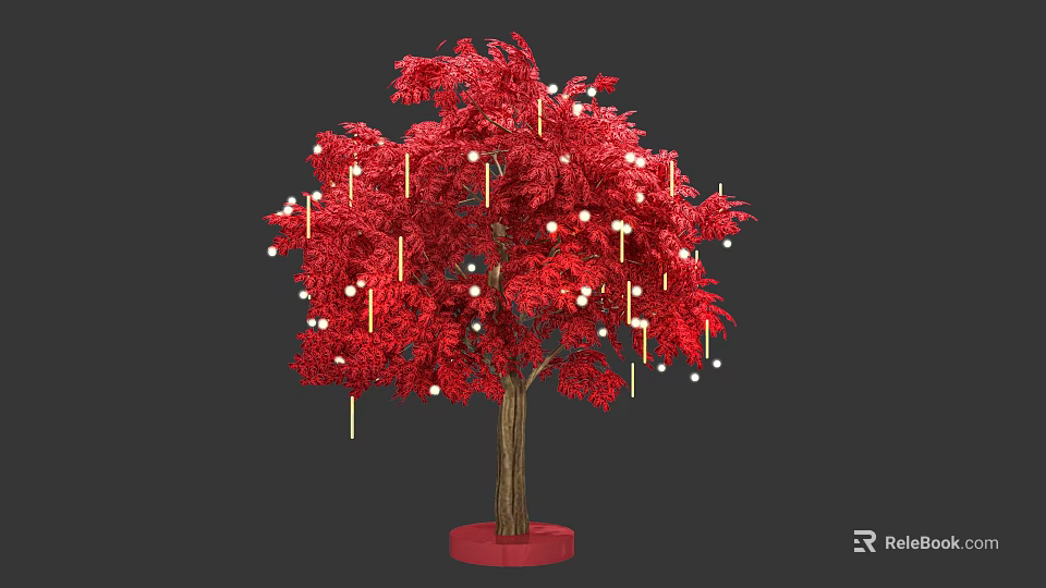 Decorative Red Leaf Tree with White Balls Golden Strips and Red Base 3d model