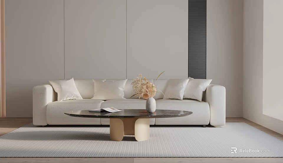 Modern Beige Fabric Three-Seater Sofa With Throw Pillows Coffee Table And Vase 3d model 