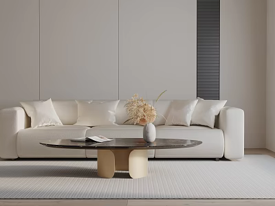 Modern Beige Fabric Three-Seater Sofa With Throw Pillows Coffee Table And Vase 3d model