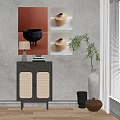 Gray Sideboard with Rattan Doors Table Lamp Books Green Plant and White Vase