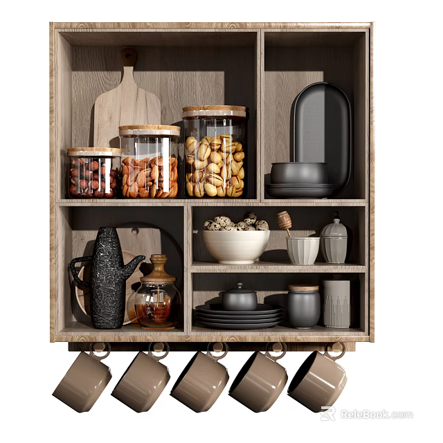 Organized Kitchenware Storage In Wooden Cabinet With Glass Jars Containers Bowls Plates And Cups 3d model 