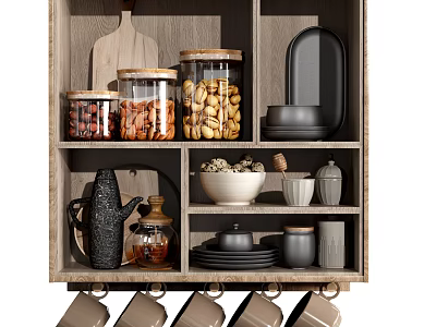 Organized Kitchenware Storage In Wooden Cabinet With Glass Jars Containers Bowls Plates And Cups 3d model