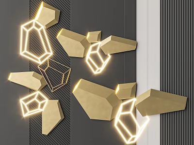 Gold Geometric Wall Decor with Illuminated Lines on Dark and Light Striped Background Wall 3d model