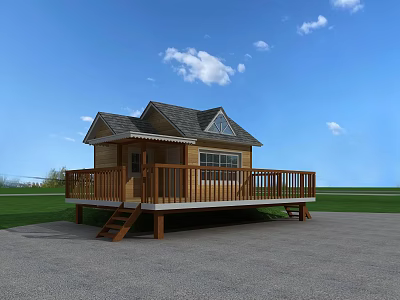 Wooden House Brown Exterior With Balcony Design Gray Roof Grassland Blue Sky And White Clouds 3d model
