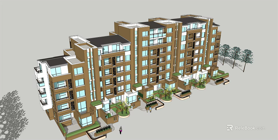 Multi Story Residential Building With Brown Exterior Glass Windows Balconies And Greenery Gardens 3d model 