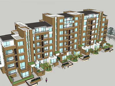 Multi Story Residential Building With Brown Exterior Glass Windows Balconies And Greenery Gardens 3d model