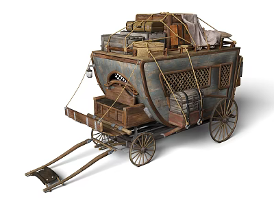 Vintage Travel Carriage With Lattice Sides Loaded Luggage Trunks Canvas Cover And Wooden Wheels 3d model