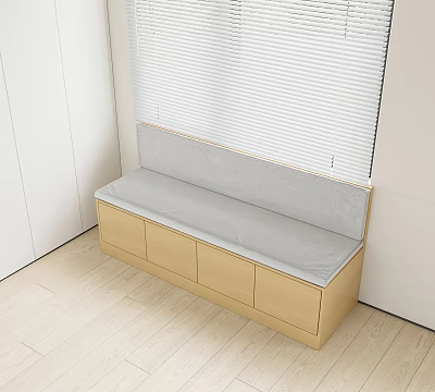 Light Wood Public Bench With Storage Drawers And Gray Cushion By Window Blinds 3d model