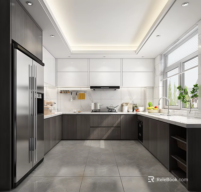 Modern Kitchen Interior With White Upper Dark Lower Cabinets Stainless Steel Refrigerator Window And Plants 3d model 