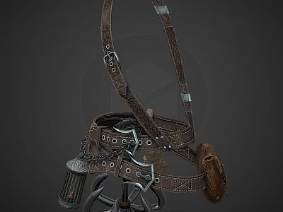 Leather Straps With Metal Buckles Chain And Leather Pouch For Utility Gear 3d model