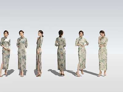 Women in Traditional Elegant Cheongsam Showing Various Angles with Floral Patterns 3d model