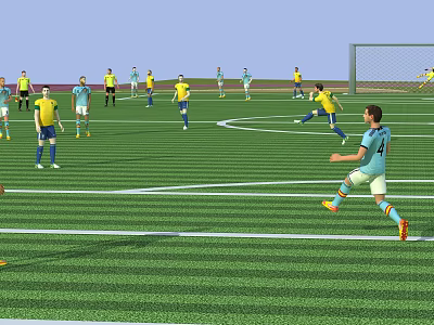 Soccer Field With Green Grass And Players In Yellow Blue Jerseys Playing Match 3d model