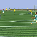 Soccer Field With Green Grass And Players In Yellow Blue Jerseys Playing Match