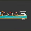 Scenic Sandy Beach With Ocean Water Colorful Umbrellas Small Boat And Lifeguard Stand
