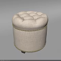 Round Tufted Light Gray Fabric Ottoman With Gold Nailhead Trim