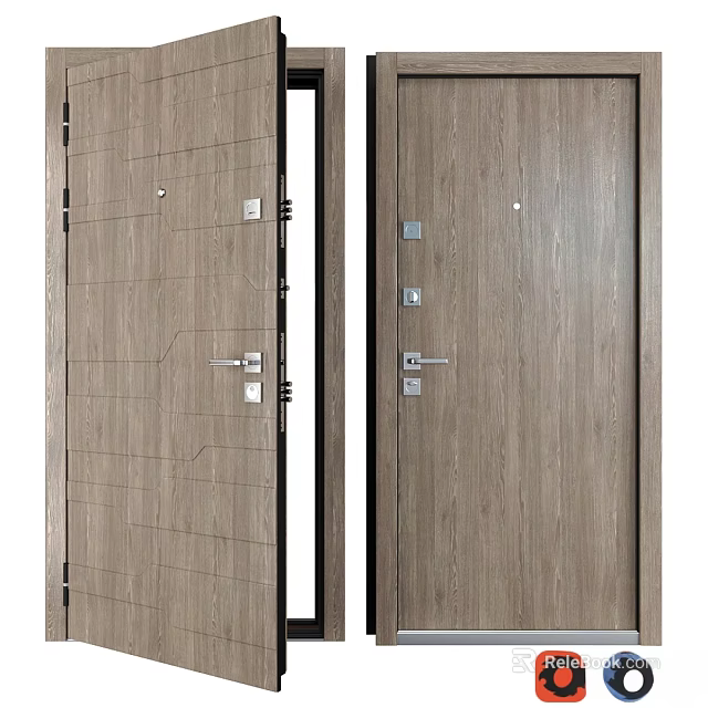 Modern Wooden Swing Door with Horizontal Panel Design and Metal Handles 3d model 