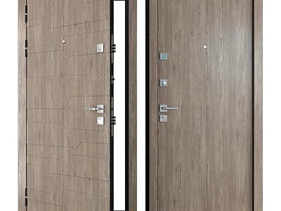 Modern Wooden Swing Door with Horizontal Panel Design and Metal Handles 3d model