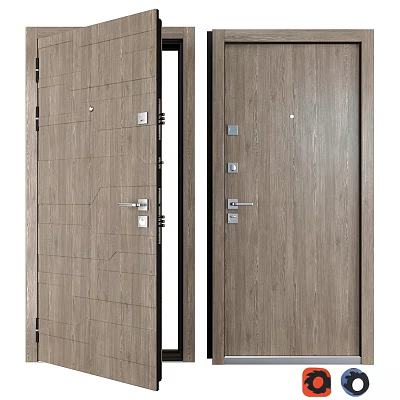 Modern Wooden Swing Door with Horizontal Panel Design and Metal Handles 3d model