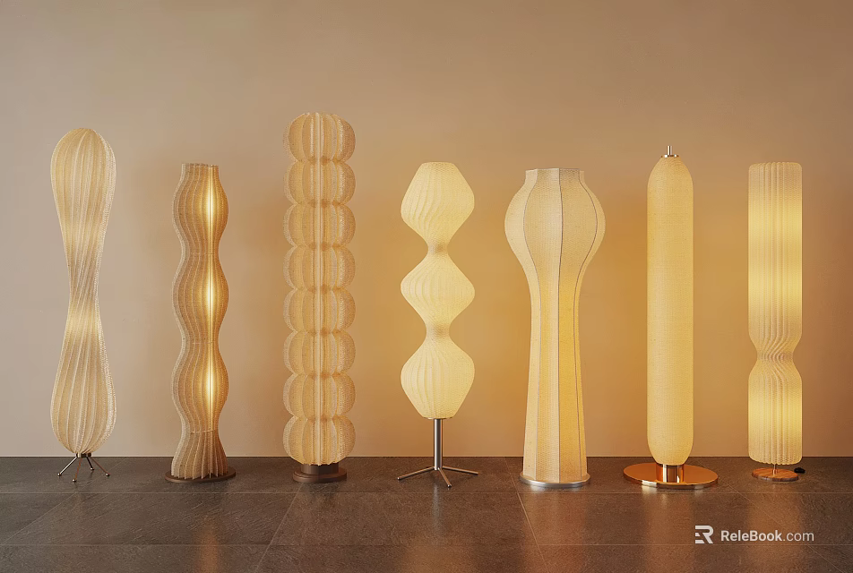 Stylish Modern Table Lamps With Unique Curved Shapes And Beige Fabric Shades 3d model 