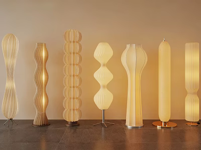 Stylish Modern Table Lamps With Unique Curved Shapes And Beige Fabric Shades 3d model