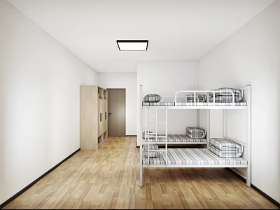 Minimalist Dormitory Room With Bunk Beds Wooden Floor White Walls And Storage Cabinet 3d model