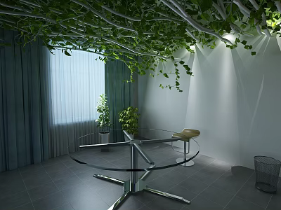 Indoor Space With Green Vines Ceiling Glass Round Table Plants And Curtains 3d model